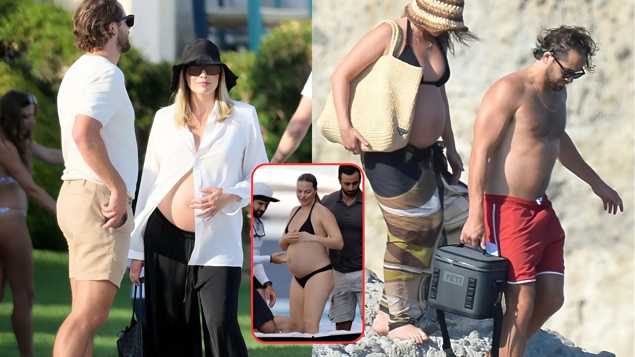 Margot Robbie showcasing her baby bump while on vacation in Italy last year with her husband Tom Ackerley..full detail